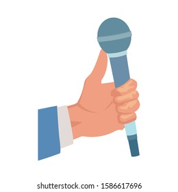 hand holding a microphone icon over white background, vector illustration
