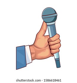 hand holding a microphone icon over white background, colorful design, vector illustration