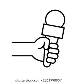 Hand holding microphone icon. Vector interview or news concept symbol vector illustration on white background