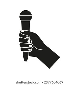 Hand holding a microphone icon. Vector. Flat design.
