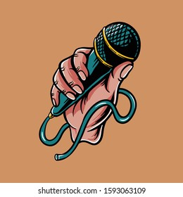 Hand holding a microphone illustration. vector art for thsirt design, banner music fesitval, flyer, sticker, or poster