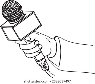 Hand Holding Microphone for Interview - Isolated Cartoon Illustration on White Background, Line Art Illustration of Hands Holding Microphones and Recorders - Journalism Symbol