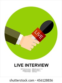 Hand holding a microphone. journalims concept. vector illustration in flat icon design on green background