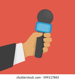 Hand Holding Microphone. Journalism, Live News Or Reporters Interviews Concept. Mic In Hands Of Man. Vector Illustration In Flat Style. EPS 10.