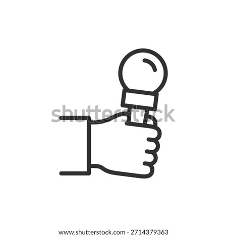 Hand holding microphone, linear icon. Interview speech and audio recording. Line with editable stroke.