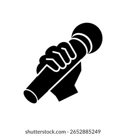Logótipo do microfone de mão segurando. Ícone de silhueta de canto e fala isolado no fundo branco. Ícone de podcast.