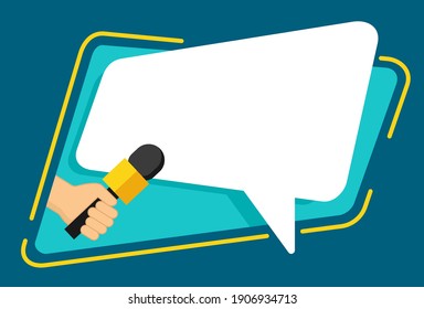 Hand holding microphone - media interview with creative speech bubble dialog box. Vector illustration with copy space