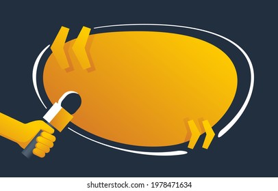 Hand holding microphone - Media interview with yellow speech bubble, in abstract decoration. Vector illustration with copy space