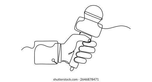 Mão Segurando microfone Ícone Minimalista Conceito Contínuo Uma Linha Desenho em curso editável, desenho de arte de linha contínua de microfone de mão segurando. Mão segura microfone em uma ilustração de desenho de linha.