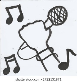 Mano que sostiene el micrófono con las notas musicales