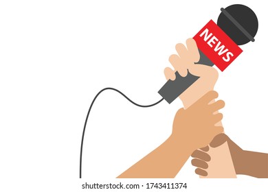 A hand holding microphone. News reporter, journalism vector