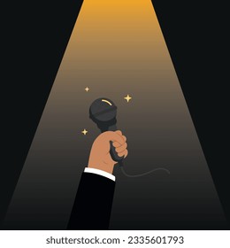 Hand holding microphone, party and entertainment banner.