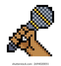 Mano que sostiene el micrófono con el arte del pixel aislado en el fondo blanco