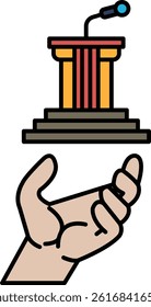 A hand is holding a microphone and a podium. The hand is reaching out to the microphone, as if to give it a hug. Concept of warmth and support
