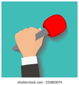 Hand holding a microphone, press conference, vector illustration of a flat icon.