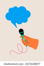 Mano que sostiene el micrófono con las burbujas del discurso. Ilustración vectorial colorida 

