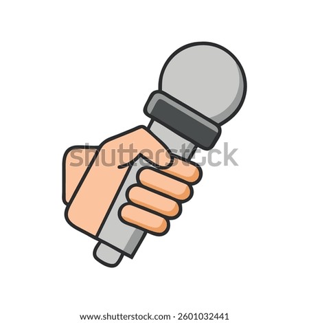 Hand holding microphone symbol design, modern vector illustration of a microphone in hand. Sleek mic icon, microphone grip illustration, isolated on a white background.
