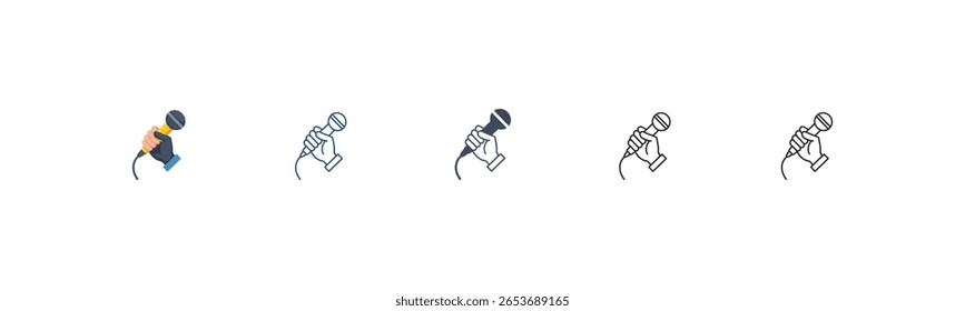 Hand holding a microphone - three variations in color  This image features three variations of a hand holding a microphone, in various shades of blue, gray, and black.