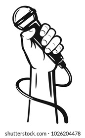Hand holding a microphone. Vector black illustration
