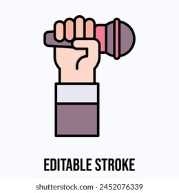 hand holding microphone vector icon, editable stroke.