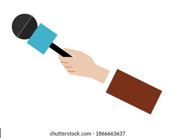 Mano sosteniendo una ilustración vectorial del micrófono. Entrevistas de corresponsales con equipo especial. El hombre sostiene un dispositivo para grabar una voz humana. Periodista mantiene aislado el micrófono en el fondo blanco