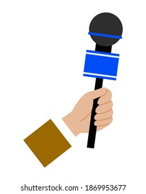 Hand holding a microphone vector illustration. Correspondent interviews with special equipment. Man holds a device for recording a human voice. Journalist hold microphone isolated on white background