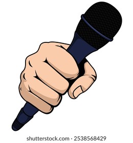 Hand holding a microphone vector illustration. Fist hold a microphone
