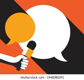 Hand holding microphone in vintage style with long shadows - media interview with speech bubble dialog box. Vector illustration with copy space