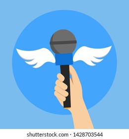 Hand holding a microphone with wings on a blue background. The concept of free journalism and the press. Vector illustration.