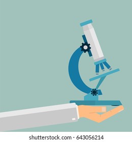 Hand holding a microscope. Science and education. Vector illustration.