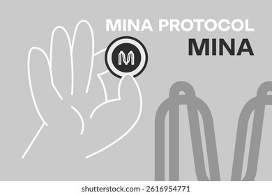 Hand Holding a Mina Protocol Coin on an Gray Background, Conceptual Vector Illustration. MINA Token Poster Design for Web, Apps and Mockups.