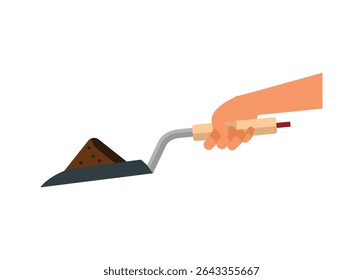Mano que sostiene la mini pala que contiene la suciedad. Ilustración plana simple.