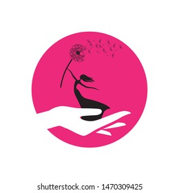hand holding miniature dancing lady with dandelion flower, vector 