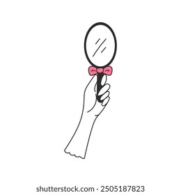Hand Holding Mirror. Coquette woman gesture with vintage glove and beauty accessory with tied knot on handle. Doodle outline vector illustration