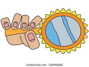 The hand is holding a mirror. Isolated on white background in cartoon style in vector graphic