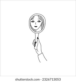 The hand is holding a mirror. Reflection of the girl's face. Doodle. Vector isolated illustration.