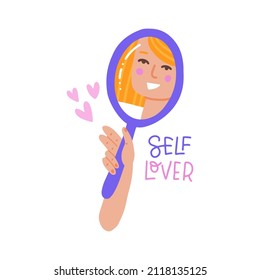 Hand holding mirror with smiling female face reflection. Concept of self-acceptance and self-love. Flat hand drawn vector illustration of mental health. Self lover lettering text.