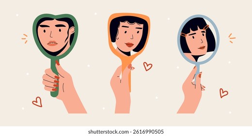 Hand holding mirror. Woman looking in mirror at herself, female face reflection in mirrors, cartoon woman character with positive self acceptance and confidence. Vector flat set