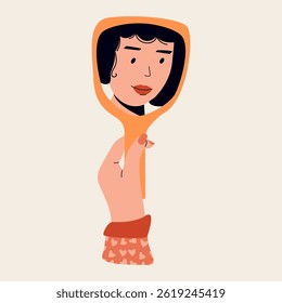 Hand holding mirror. Woman looking in mirror at herself, girl face reflection in mirrors, cartoon woman character with confidence and positive self acceptance. Vector flat illustration