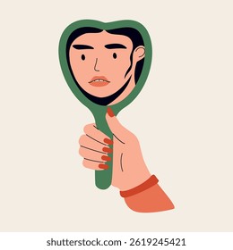 Hand holding mirror. Woman looking in mirror at herself, female face reflection in mirrors, cartoon woman character with confidence and positive self acceptance. Vector flat illustration