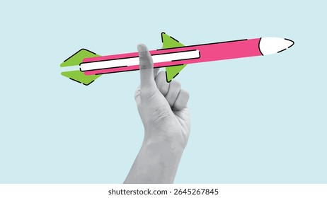 Hand holding missile vector art. Nuclear weapon concept, world war 3. Pop art illustration