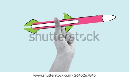 Hand holding missile vector art. Nuclear weapon concept, world war 3. Pop art illustration