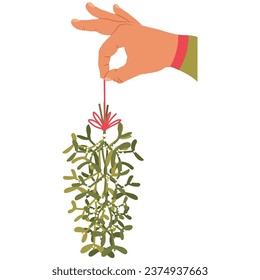 Rama de mistletoe de mano con bayas y ilustración de un vector de cinta roja aislada en fondo blanco.