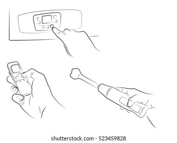Hand holding a mixer, hand presses the button, the hand holding a cell phone, vector illustration