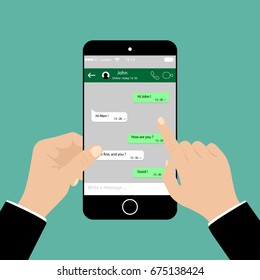 Hand holding mobil phone, Social network concept, Mobil phone, Messenger window