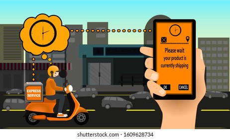 Hand holding mobile application tracking a delivery man on a moped., Vector EPS.10