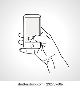 Hand Holding Mobile, Arm With Cell, Line Art Drawing Hand With Mobile Phone. Vector Illustration