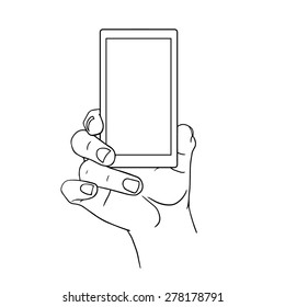 Hand Holding Mobile, arm with cell, line art drawing hand with mobile phone, front view. Vector illustration
