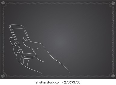 Hand Holding Mobile, arm with cell, on the blackboard.