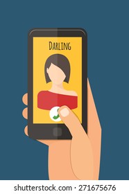 Hand holding mobile, calling girlfriend. Mobile app vector illustration.